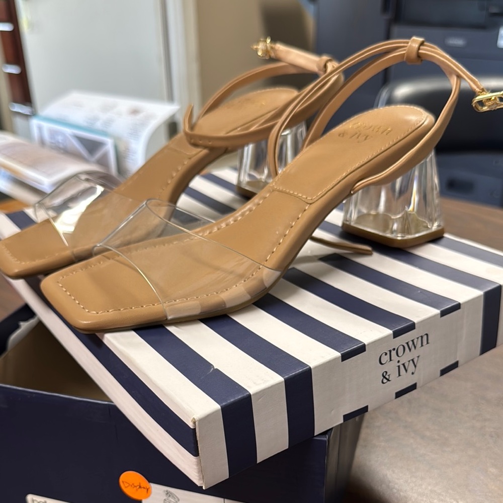 Crown & Ivy Tan Heels with Transparent Block Heel